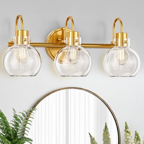 3-Light Vanity Light, Brushed Brass Bathroom Light Fixtures, Farmhouse Wall Sconces with Globe Clear Glass Shade, Porch Wall Mount Lamp for Mirror, Kitchen, Porch, Living Room, Workshop (E26 Base) - color: Brushed Brass