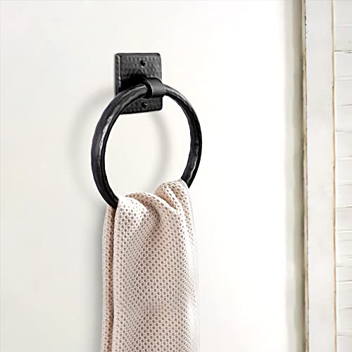 Monarch Abode Bathroom Towel Holder – 7-Inch Round Matte Black Bathroom Hand Towel Holder for Bathrooms Wall, Metal Hand Hammered Towels Ring Wall Mount, Traditional Surface-Mounted Ring Hanger - color: Matte Black, style: Traditional