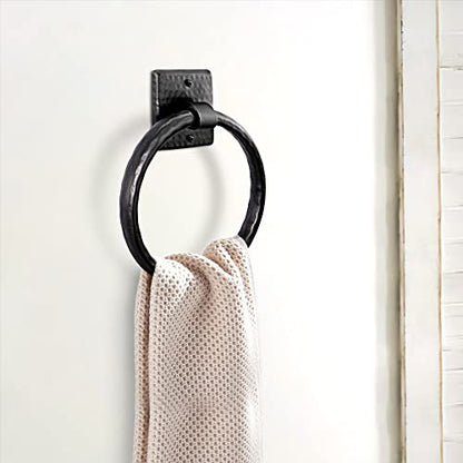 Monarch Abode Bathroom Towel Holder – 7-Inch Round Matte Black Bathroom Hand Towel Holder for Bathrooms Wall, Metal Hand Hammered Towels Ring Wall Mount, Traditional Surface-Mounted Ring Hanger - color: Matte Black, style: Traditional