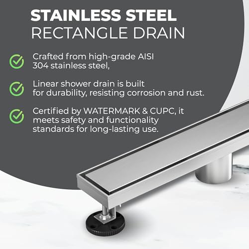 24-Inch Linear Shower Drain - 304 Stainless Steel | Reversible 2-in-1 Flat & Tile Insert Cover, Rectangular Floor Drain Set with Hair Catcher & Adjustable Leveling Feet - color: Brushed Nickel, size: 24 Inch