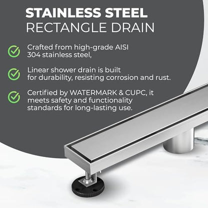 24-Inch Linear Shower Drain - 304 Stainless Steel | Reversible 2-in-1 Flat & Tile Insert Cover, Rectangular Floor Drain Set with Hair Catcher & Adjustable Leveling Feet - color: Brushed Nickel, size: 24 Inch