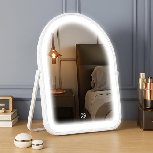 YEKKOPT Rechargeable Vanity Mirror with Lights,10"×7.8" Arched LED Makeup Mirror with Lights, Smart Touch Control Dimmable 3 Modes Light up Mirror for Dorm Desk Dressing Room,Gift for Women - color: White, size: 10"L x 7.8"W