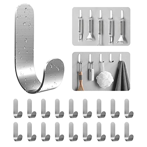 Self Adhesive Towel Hooks, 304 Stainless Steel Heavy Duty Shower Hook for Bathroom, Kitchen, Living Room and Hotel to Hang Towels, Keys, Bags and Hats - 20 Pack - color: Silver