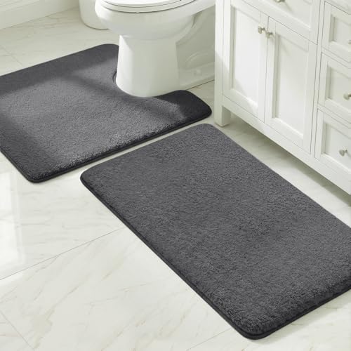 MINIDEAR Bathroom Rugs Sets 2 Piece - Thick Memory Foam Bath Mat, Ultra Soft, Plush Fluffy, Non-Slip, Quick Dry, Absorbent Washable Mat for Tub, Home Decor (32x20 & 24x20 Inch, Volcanic Gray) - color: Volcanic Gray, size: 1'8" x 2'8" (32x20+U24x20)