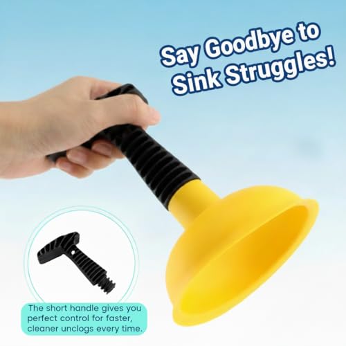 Sink Plunger, Mini Plunger with Short Handle & Drain Clog Remover, Easy to Use Powerful Unclogging Tool for Kitchen Sink, Shower Tub, Bathroom Drains, Bath
