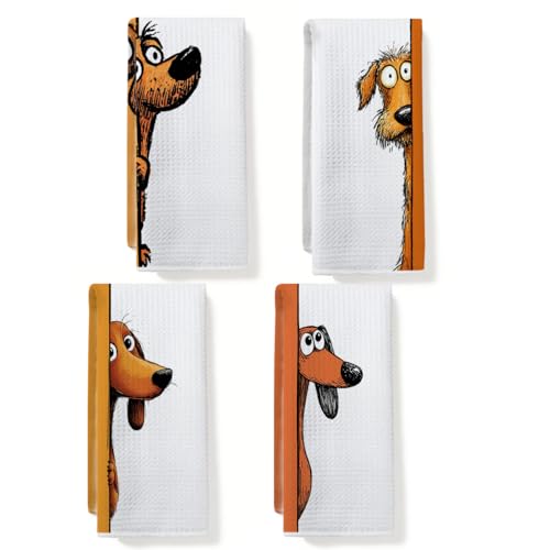 4 Pcs Funny Dog Kitchen Towels, Cute Dogs Gifts Hand Towels 14 x 24 Inches | Tea Towel for Kitchen Bathroom Home Decor, Dogs Waffle Absorbent Dish Towel, Dog Lover Gifts for Women Mom Friends Neighbors - color: Multi 0153