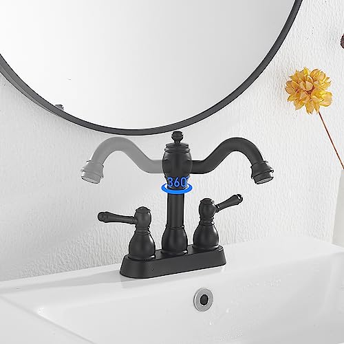 Matte Black Bathroom Faucet 2 Handles 4 Inches Centerset RV Black Bathroom Vanity Faucet with Drain Assembly and Supply Hose Lavatory Faucet - color: Black, size: Centerset