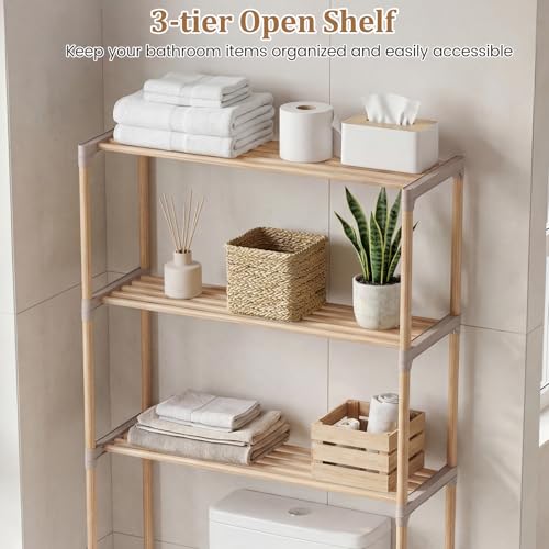 Giantex Over The Toilet Storage Shelf, 3-Tier Pine Wood Space-Saving Above Toilet Shelf Rack, Freestanding Over Toilet Bathroom Organizer for Laundry, Balcony, Restroom