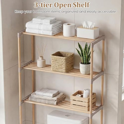 Giantex Over The Toilet Storage Shelf, 3-Tier Pine Wood Space-Saving Above Toilet Shelf Rack, Freestanding Over Toilet Bathroom Organizer for Laundry, Balcony, Restroom