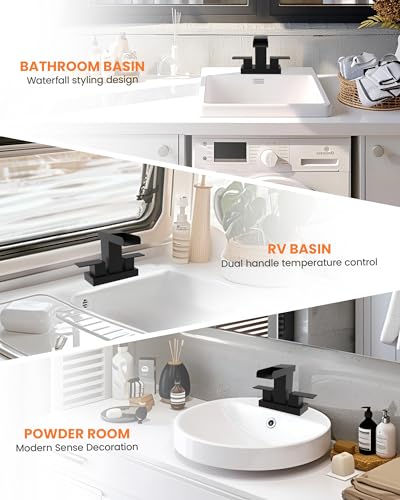 Waterfall Bathroom Faucet 2 or 3 Holes, Matte Black Bathroom Sink Faucet, 4 Inch Centerset Faucets, 2 Handles Waterfall Vanity Faucets, Pop Up Drain Assembly Included - color: Matte Black