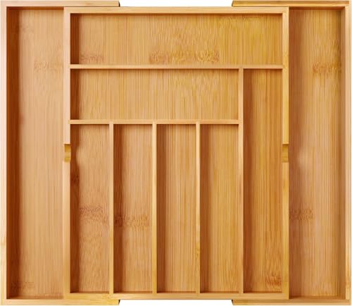 BAMEOS drawer organizer flatware organizer cutlery tray silverware organizer expandable adjustable bamboo drawer organizer kitchen bathroom - size: 2''H 22X16
