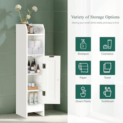 ZENY Slim Bathroom Storage Cabinet, Narrow Bathroom Cabinet with Door and Adjustable Shelves, Freestanding Toilet Paper Storage Cabinet for Small Spaces (White)