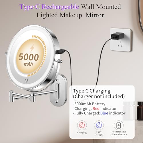 FUNTOUCH 5000mAh Rechargeable Wall Mounted Lighted Makeup Mirror 1X30X | Double Sided 1X 30X Magnifying, 3 Color Lighting, Touch Screen Dimming, Extended Arm 360 Rotation Shaving Bathroom Mirror - color: Silver
