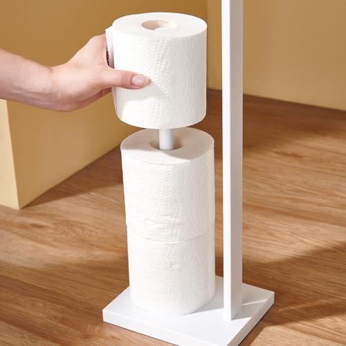 Freestanding Toilet Paper Holder for Bathroom–Stainless Steel Square Tissue Dispenser with Storage Tray & Roll Organizer (White) - color: White