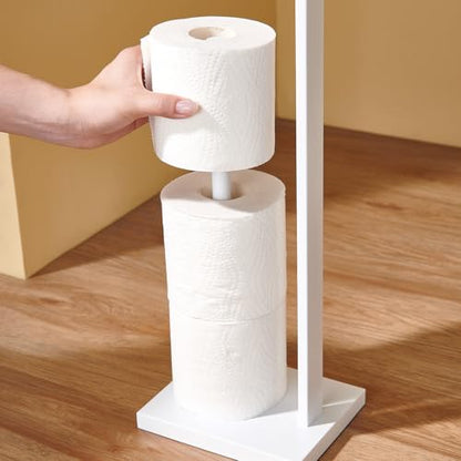 Freestanding Toilet Paper Holder for Bathroom–Stainless Steel Square Tissue Dispenser with Storage Tray & Roll Organizer (White) - color: White