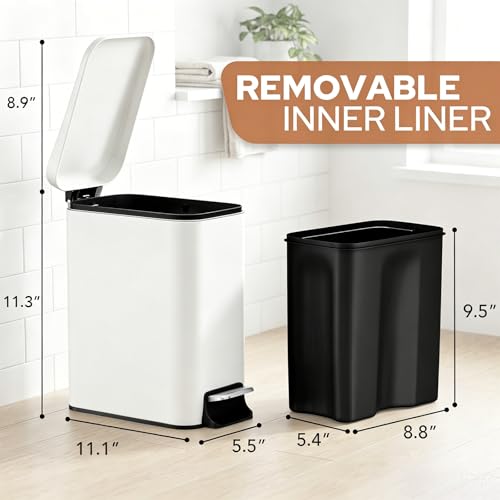 Small Bathroom Trash Can w/Lid Soft Close, 6 Liter/1.6 Gallon Stainless Steel Garbage Can w/Inner Bucket, Trash Bin Waste Basket for Kitchen, Bedroom, Living Room, Office, Toilet, White - color: Matte White