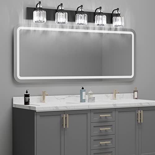 Ralbay Crystal Black Vanity Light Fixtures 5 Light Crystal Bathroom Light Fixtures Over Long Mirror Modern Matte Black Bath Wall Lights - color: Black, size: 40 inch