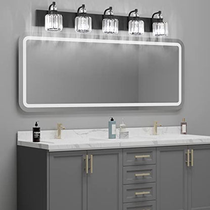 Ralbay Crystal Black Vanity Light Fixtures 5 Light Crystal Bathroom Light Fixtures Over Long Mirror Modern Matte Black Bath Wall Lights - color: Black, size: 40 inch