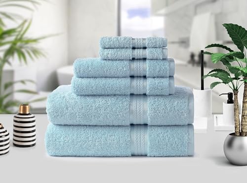 COTTON CRAFT Ultra Soft 6 Piece Towel Set - 100% Cotton Towels - Light Blue | Absorbent 580 GSM Quick Dry Everyday Premium Luxurious Bathroom Towels - 2 Large Bath Towels, 2 Hand Towels, 2 Washcloths - color: Light Blue, size: 6 Piece Towel Set