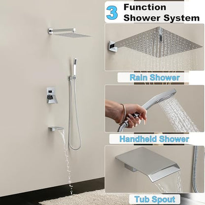 Shower System with 12-Inch Rain Head and Tub Spout | All-Metal Tub Shower Faucet Set, Wall Mounted Rain Showerhead, Handheld Spray, Includes Valve and Trim Kit, Polished Chrome - color: Polished Chrome, style: 12"-With Tub Spout