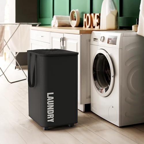 Simple Houseware Large 82L Laundry Basket with Wheels and Handles, Black | Collapsible Waterproof Hamper with Mesh Cover - color: Black