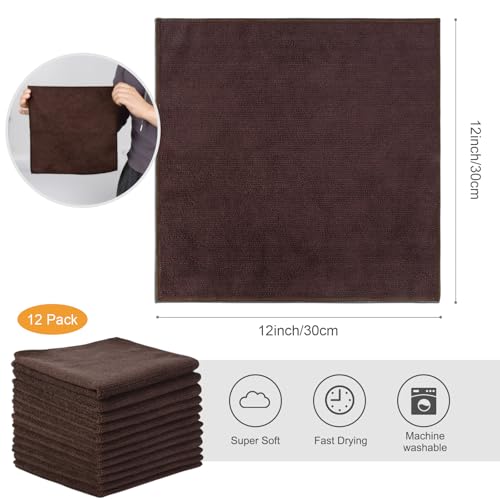 Microfiber Dish Cloth Kitchen Cleaning Cloth 12x12In 12 Pack Brown | Absorbent, No Streak, Dish Rags, Lens, Cloths - color: Dark Brown