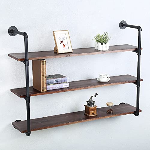 Industrial Pipe Shelves With Wood Planks,Rustic Pipe Shelving Wall Shelf | Metal Pipe Solid Pine Wood,Easy to Assemble,Wooden Board Thickness 0.78 In,For Bar Farmhouse Kitchen Office Bathroom,Bedroom - color: 3-layer, size: 48in
