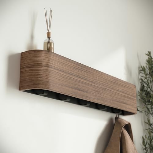 Kazai. Wall-Mounted Coat Rack 'Toke' - Modern Design Coat Rack with Hidden Wall Hooks - Solid Wood Veneer Panel Coat Hanger - Walnut - color: Walnut, size: 5 Hooks