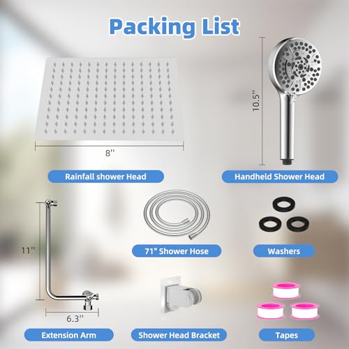 8" Metal Rainfall Shower Head with 10-Mode Handheld, Chrome | NSF/ANSI/CAN 372 Certified, High Pressure Showerhead Combo with 11" Adjustable Shower Arm, 71" Hose, Shower Head Holder - color: Chrome, style: Square 8"