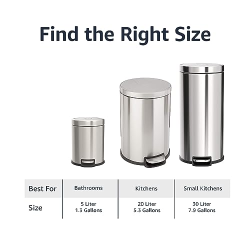 Amazon Basics Round Cylindrical Trash Can with Soft-Close Lid, Foot Pedal, Removable Inner Bucket, Smudge Resistant, 20 l/5.3 gallon, Brushed Stainless Steel