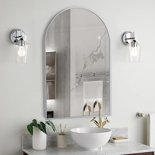 Silver Arched Mirror 20x30in, Metal Framed Bathroom Vanity Wall | Tempered Glass, Shatter Proof, Living Room Bedroom Entryway, Modern Elegant Design - color: Silver, size: 30"L x 20"W, style: Arched