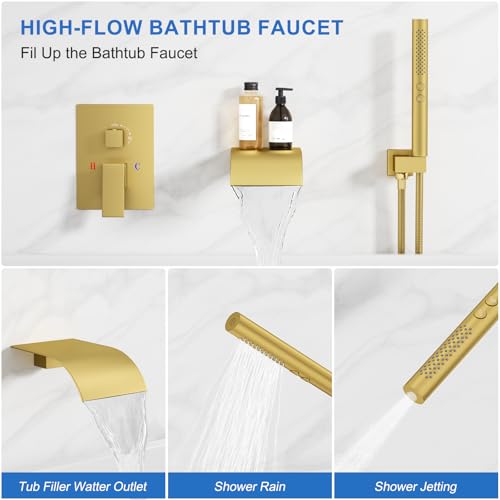 RUMOSE Wall Mount Bathtub Faucet Waterfall Tub Faucet with Handheld Sprayer | Gold, 2 in 1 Handheld, Modern Bathroom Tub Filler Brass Single Handle Shower Faucet Set, High Flow Rough in Valve - color: Gold