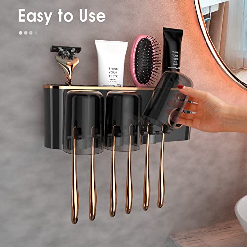 iHave Toothbrush Holders for Bathrooms Wall Mounted with Dispenser & 3 Cups | 9 Slots Wall Mount Toothbrush Holders for Bathrooms with Squeeze Toothpaste Dispenser, 3 Cups & 3 Compartments Organizer - color: Black 3 Cups