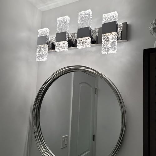 Modern LED Bathroom Vanity Light Fixtures Chrome Stainless Steel 4 Light Wall Sconces Over Mirror 28 Inch 40w Crystal Cool White 5800K Dimmable - color: Chrome, size: 4 lights