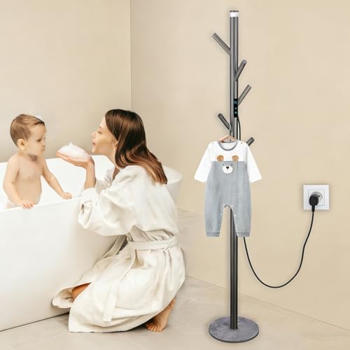 Heated Towel Rack, Freestanding Towel Warmer with 5 Hooks, Touch Control 35-70°C Heated Coat Rack Stainless Steel Towel Radiator for Bathroom, Apparment, Office, Gray, Plug in