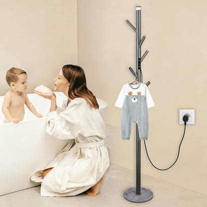 Heated Towel Rack, Freestanding Towel Warmer with 5 Hooks, Touch Control 35-70°C Heated Coat Rack Stainless Steel Towel Radiator for Bathroom, Apparment, Office, Gray, Plug in