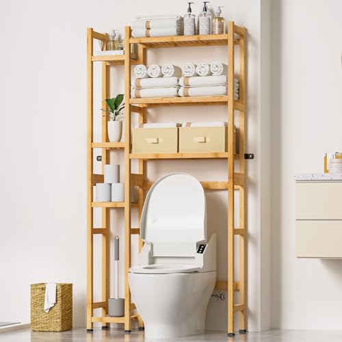 Homde Bamboo Over The Toilet Storage Organizer: Basket and Drawer (Natural) | Bathroom Rack with Adjustable Shelf & Waterproof Feet Pad - Space Saver Organizer for Restroom Laundry - color: Natural