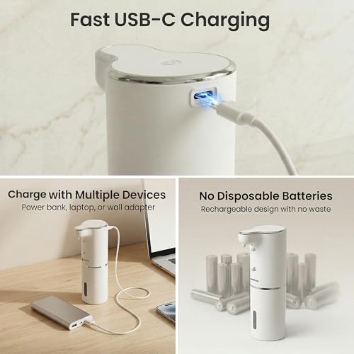 GentleJet JetFoam Automatic Foam Soap Dispenser Touchless Sensor, USB-C Rechargeable, Adjustable Output, IPX5 Waterproof, 300 ml, Bathroom & Kitchen Countertop - color: White