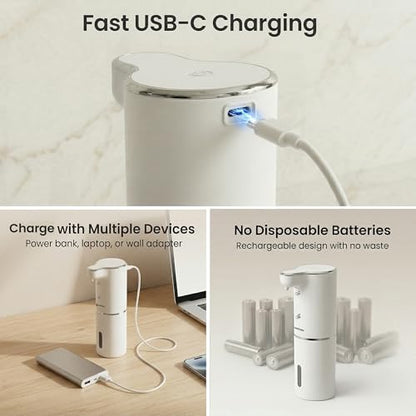 GentleJet JetFoam Automatic Foam Soap Dispenser Touchless Sensor, USB-C Rechargeable, Adjustable Output, IPX5 Waterproof, 300 ml, Bathroom & Kitchen Countertop - color: White