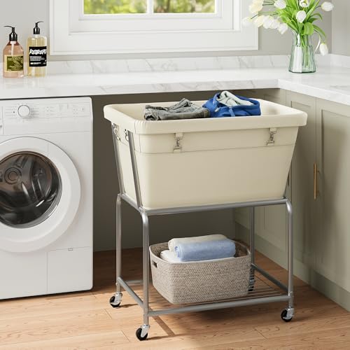 ELYKEN Rolling Laundry Hamper with Wheels, Removable Bag, Laundry Cart | 32-Gallon (122L), 2-Tier Clothes Basket with Shelf, Metal Frame, Ideal for Closet, Bedroom, Bathroom & Laundry Room, Cream - color: Cream, size: 27.4"L x 19.9"W x 30.9"H