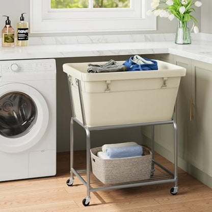 ELYKEN Rolling Laundry Hamper with Wheels, Removable Bag, Laundry Cart | 32-Gallon (122L), 2-Tier Clothes Basket with Shelf, Metal Frame, Ideal for Closet, Bedroom, Bathroom & Laundry Room, Cream - color: Cream, size: 27.4"L x 19.9"W x 30.9"H