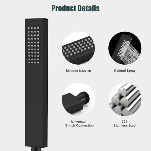 Heyalan SUS304 Handheld Shower Set with Hose & Wall Holder, Matte Black | SUS304 stainless steel wand, straight-style design, single rain spray, 59-inch long hose and standard 1/2-inch connection - color: Matte Black, style: Straight Style