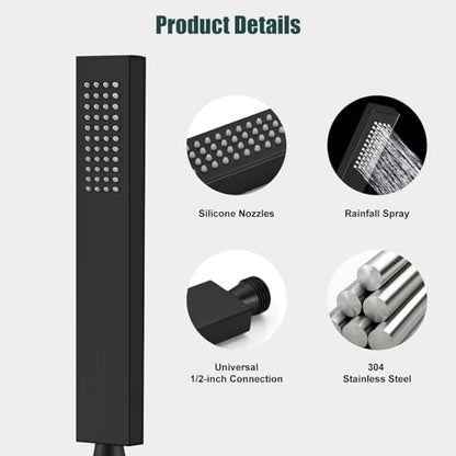 Heyalan SUS304 Handheld Shower Set with Hose & Wall Holder, Matte Black | SUS304 stainless steel wand, straight-style design, single rain spray, 59-inch long hose and standard 1/2-inch connection - color: Matte Black, style: Straight Style