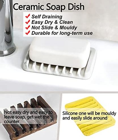 Ceramic Soap Dish for Sink,Self Draining Soap Dishes Saver for Shower Bar Soap Holder for Bathroom Soap Container Holder Dish for Kitchen,Marble Decor,White
