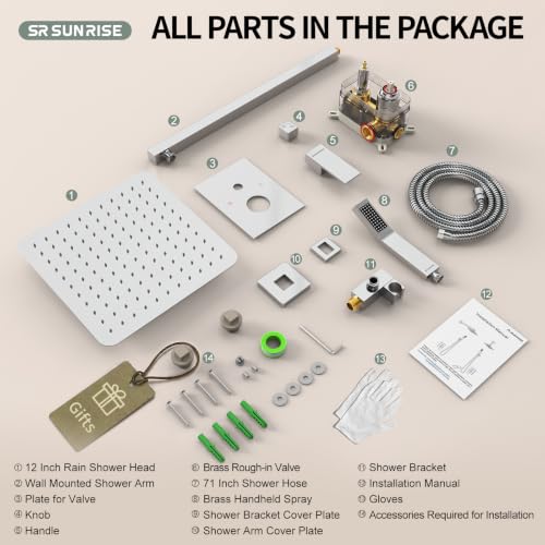 SR SUN RISE SRSH-D1203 12 Inches Bathroom Luxury Rain Mixer Shower Combo Set Wall Mounted Rainfall Shower Head System Polished Chrome Shower Faucet Rough-in Valve Body and Trim Included - color: Polished Chrome, size: 12 Inch