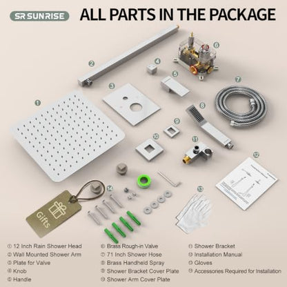 SR SUN RISE SRSH-D1203 12 Inches Bathroom Luxury Rain Mixer Shower Combo Set Wall Mounted Rainfall Shower Head System Polished Chrome Shower Faucet Rough-in Valve Body and Trim Included - color: Polished Chrome, size: 12 Inch