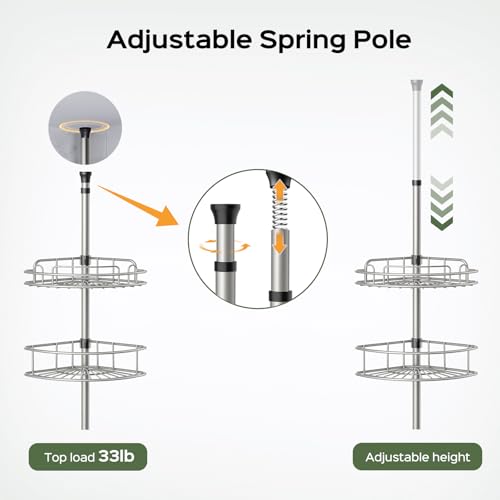 HAMITOR Corner Shower Caddy Tension Pole: 4-Tier Rust-Resistant Adjustable Bathroom Organizer Shelves - 47.72-123.6 Inch No-Drill Quick Install - Space-Saving Storage for Renters Family - Silver Gray