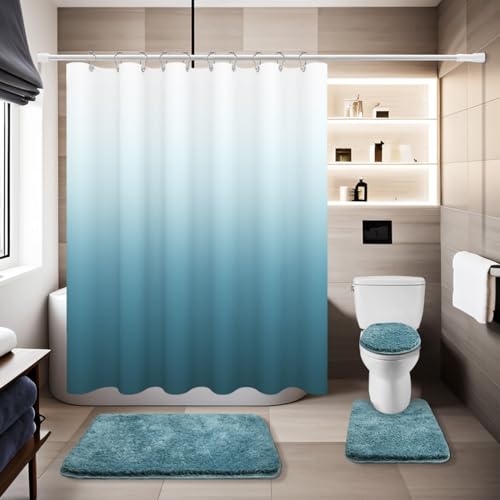 Shower Curtain Sets with Rugs and Adjustable Toilet Seat Cover | 4 Pcs Aqua Bathroom Sets with Shower Curtain and Rugs and Microfiber Toilet Lid Cover - color: Aqua