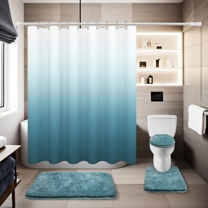 Shower Curtain Sets with Rugs and Adjustable Toilet Seat Cover | 4 Pcs Aqua Bathroom Sets with Shower Curtain and Rugs and Microfiber Toilet Lid Cover - color: Aqua