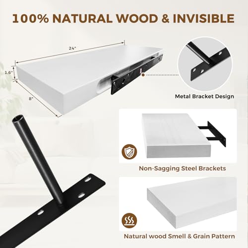 Solid Wood Floating Shelves, 24 Inch Wall Shelves, Set of 2, White | 8 Inch Deep, 1.6 Inch Thick, Extra-Wide Display Space, Mounting Hardware Included, For Kitchen, Bathroom and Living Room - color: White, size: 24x8x1.6